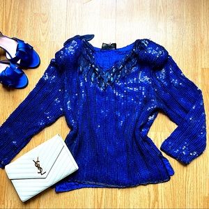 Vintage Royal Feeling Silk embellished long sleeve blouse in royal blue